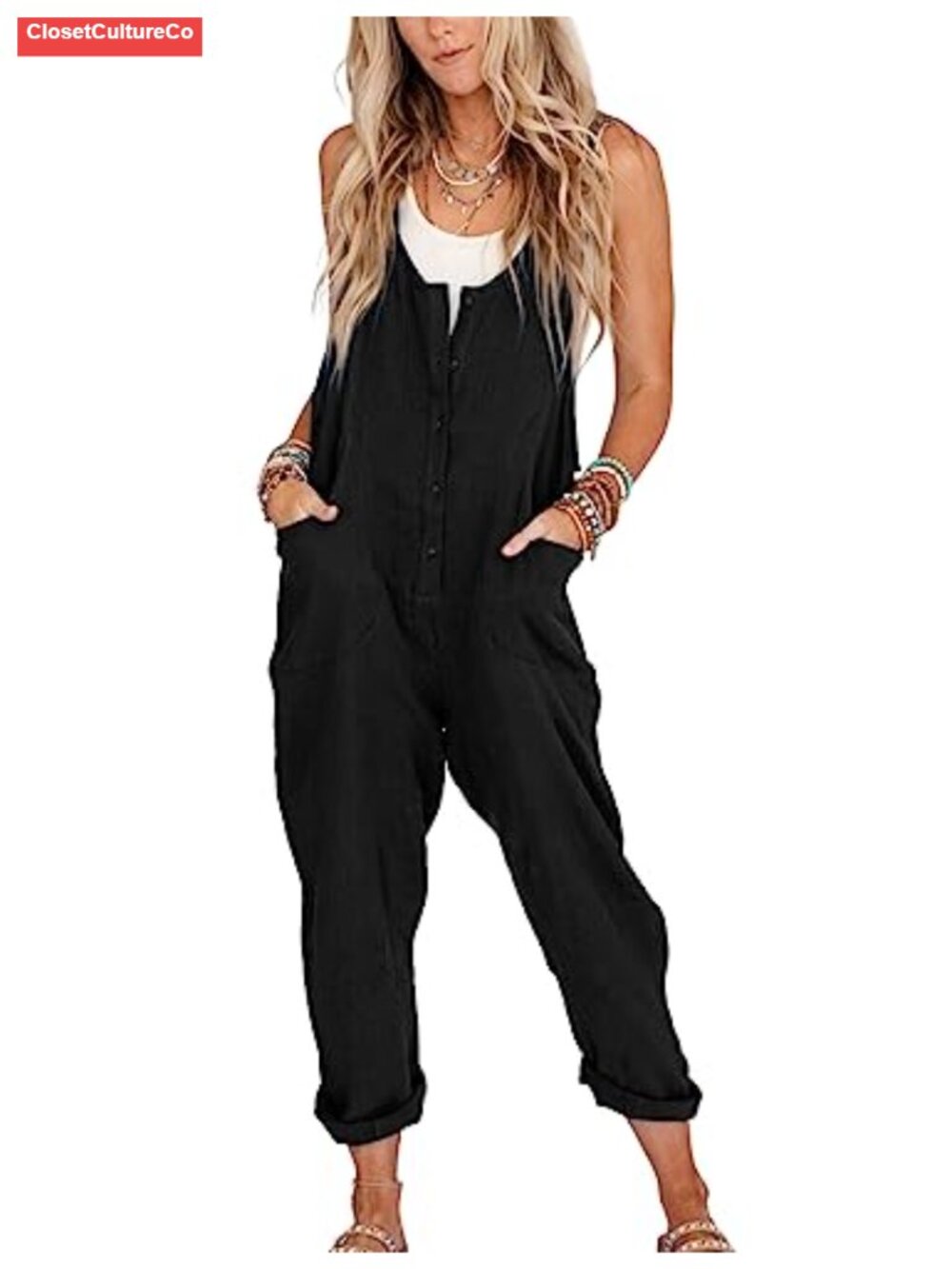 Linen Cotton Overalls Jumpsuit Loose Casual with Pockets